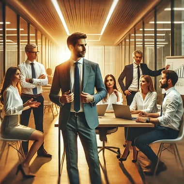 DALL·E 2025-01-21 12.48.44 - A professional and visually engaging image depicting a diverse group of office workers collaborating on a project. The scene includes a modern office 