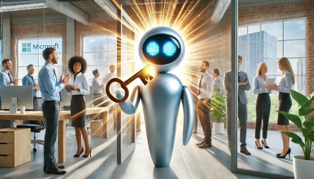 DALL·E 2025-01-24 10.12.59 - A bright, modern office filled with natural light, featuring an AI figure symbolizing Microsoft Copilot. The AI figure has soft blue and gray digital 